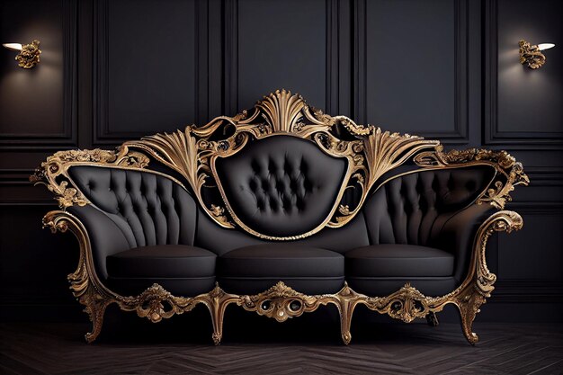 A black sofa with gold accents and a black couch with gold accents.