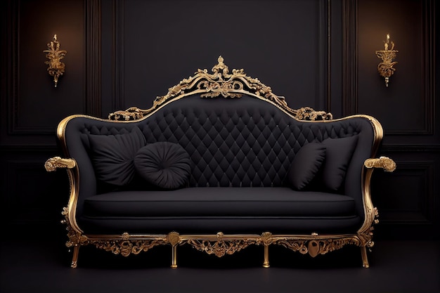 A black sofa with gold accents and a black sofa with gold accents.