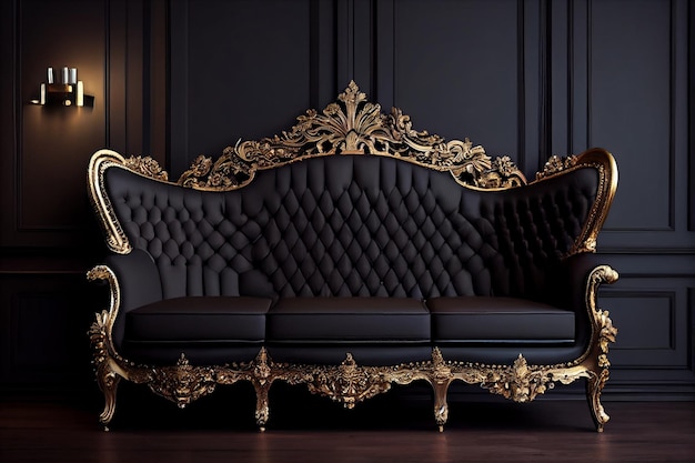 A black sofa with gold accents and a black sofa with gold accents.