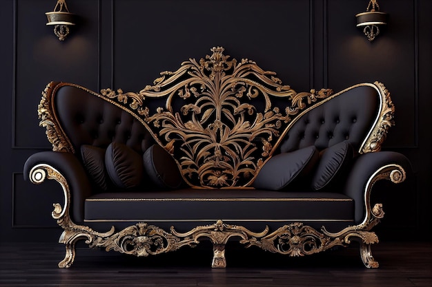 A black sofa with gold accents and a black sofa with a gold frame.