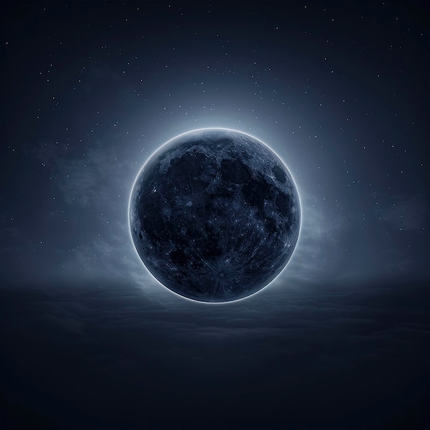 Black solar eclipse with Earth in the center starry sky background