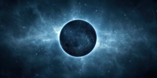 Black solar eclipse with Earth in the center starry sky background