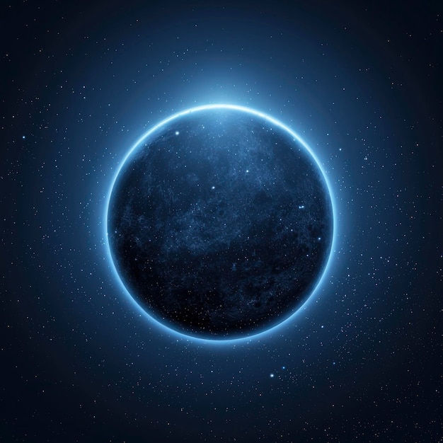 Black solar eclipse with Earth in the center starry sky background