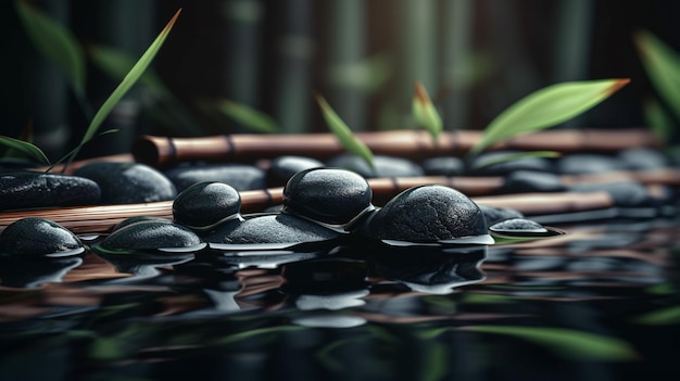 Black spa stones with water drops and bamboo on dark backgroundgenerative ai