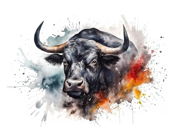 Black spanish bull watercolor with dynamic splashes Generated ai