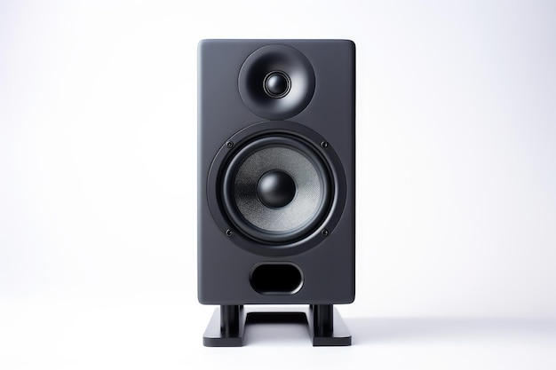 a black speaker with a black base and a white background