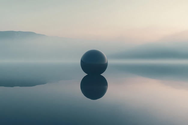 Photo a black sphere floating on a calm foggy lake at dawn