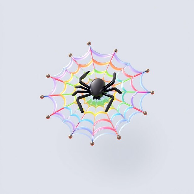 Photo black spider in rainbow web on white background