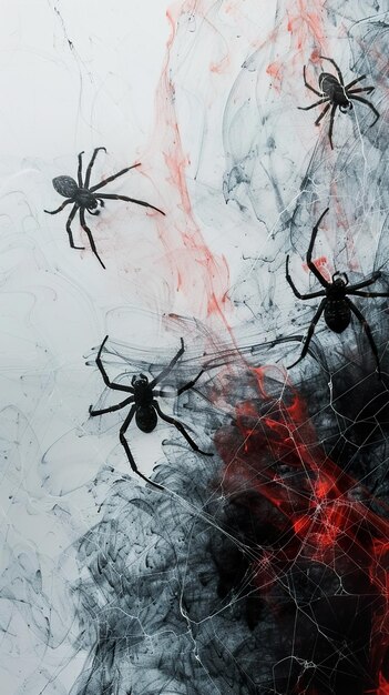 Photo black spiders on white background with red and black abstract ink splatters