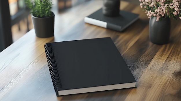 A black spiral bound notebook lies on a wooden table with two plants and a closed notebook in the background