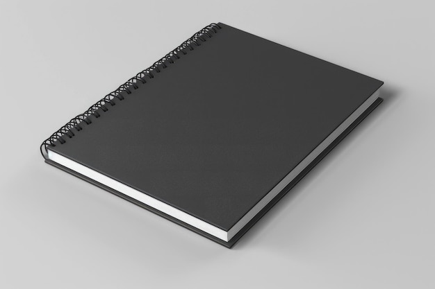 Black Spiral Notebook Mock Up on Soft Gray Background with Blank White Pages