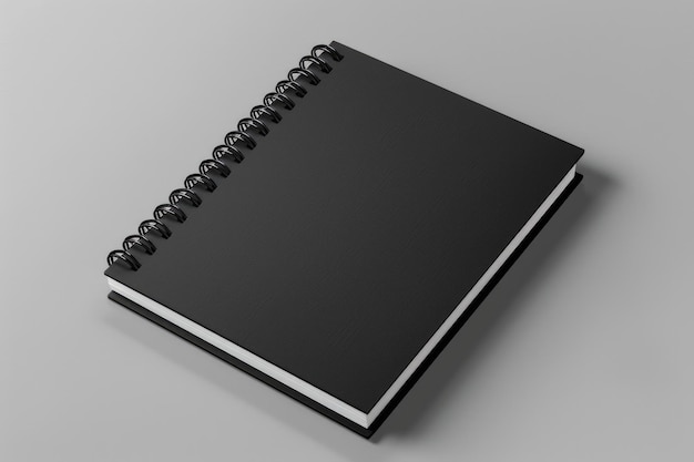 Black Spiral Notebook Mockup on Soft Gray Background 3D Rendering of Blank Document with White Page