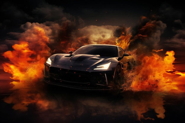 Black sports car burning in the flames on a dark background