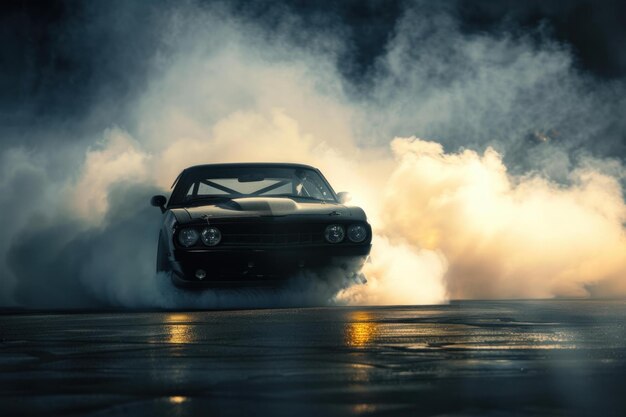 Black sports car burning rubber on asphalt at night