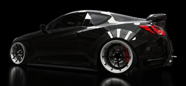 Black sports car coupe on a black background. 3d rendering.