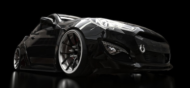 Black sports car coupe on a black background. 3d rendering.