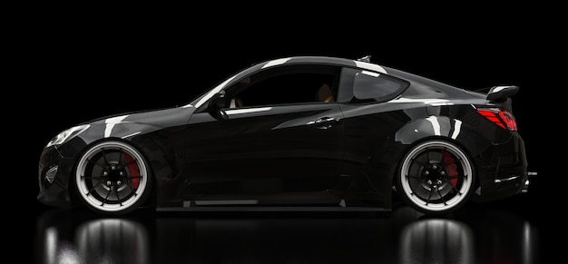 Black sports car coupe on a black background. 3d rendering.