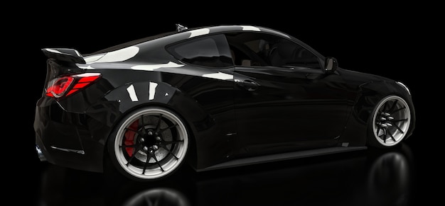 Black sports car coupe on a black background. 3d rendering.