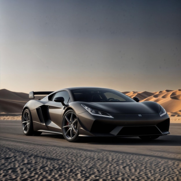 a black sports car is driving in the desert