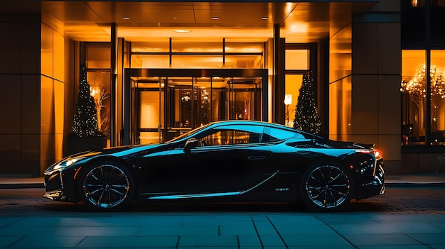 Photo a black sports car is parked in front of a building