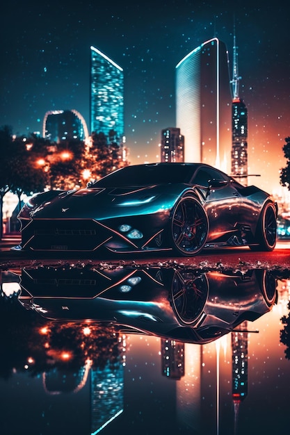 Black sports car parked in front of cityscape at night Generative AI