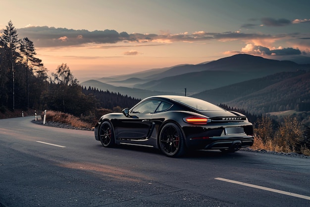 a black sports car on a road with mountains in the background