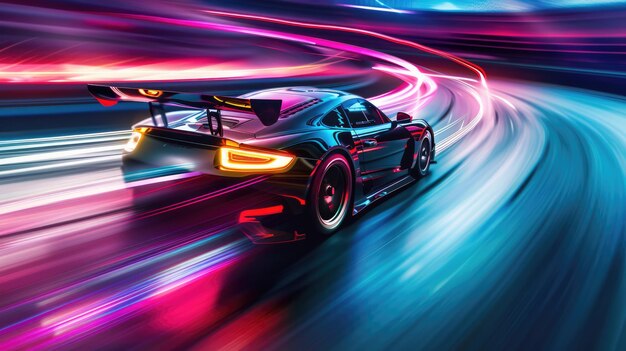 Photo black sports car speeding in a glowing neonlit tunnel digital image aig49