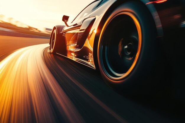 Photo black sports car speeding through a track at sunset