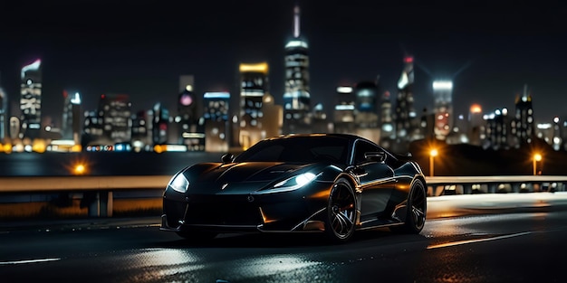 a black sports car with a city in the background