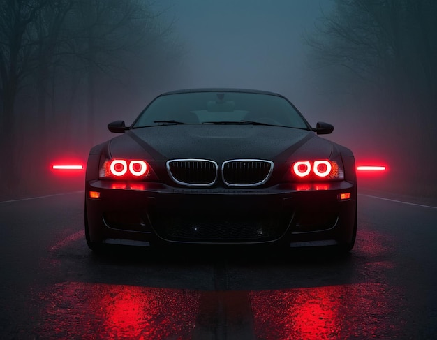 Black sports car with red headlights on a foggy road power and elegance in the night forest