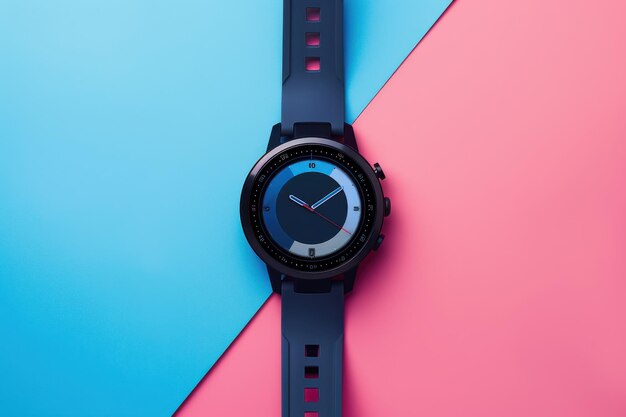 Photo black sports watch on contrasting blue and pink background with clear time display