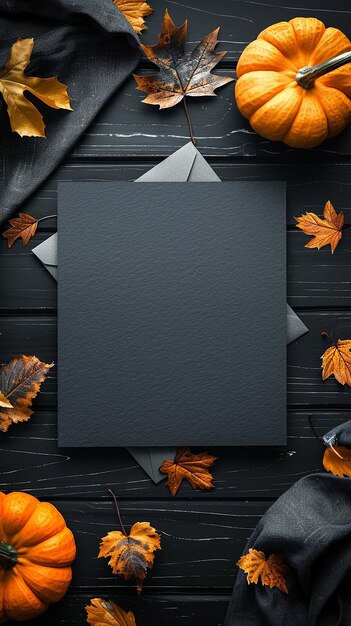 Photo a black square with autumn leaves on a wooden background