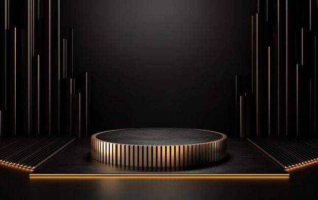 A black stage with a gold pedestal and a row of gold bars generative ai