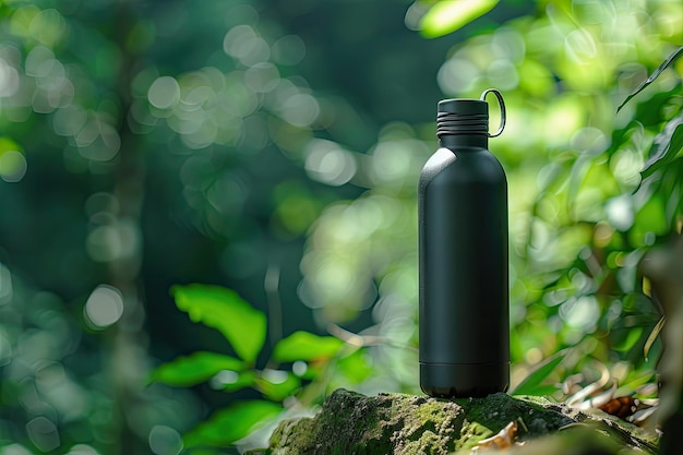 Black stainless steel or aluminum water bottle in nature Jungle and forest background wide banner