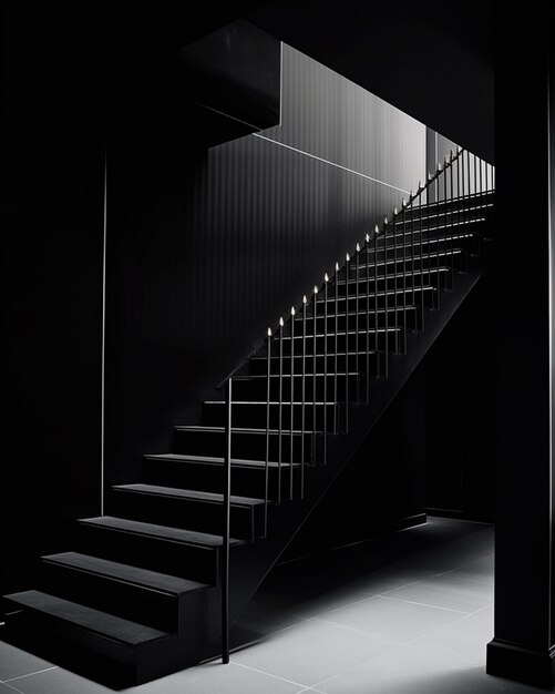 A black staircase with a metal railing and a white wall.