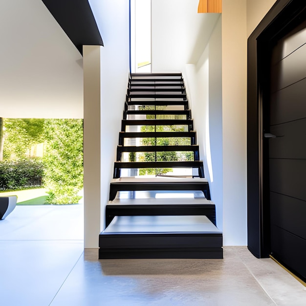 A black staircase with a yellow light hanging from the top.