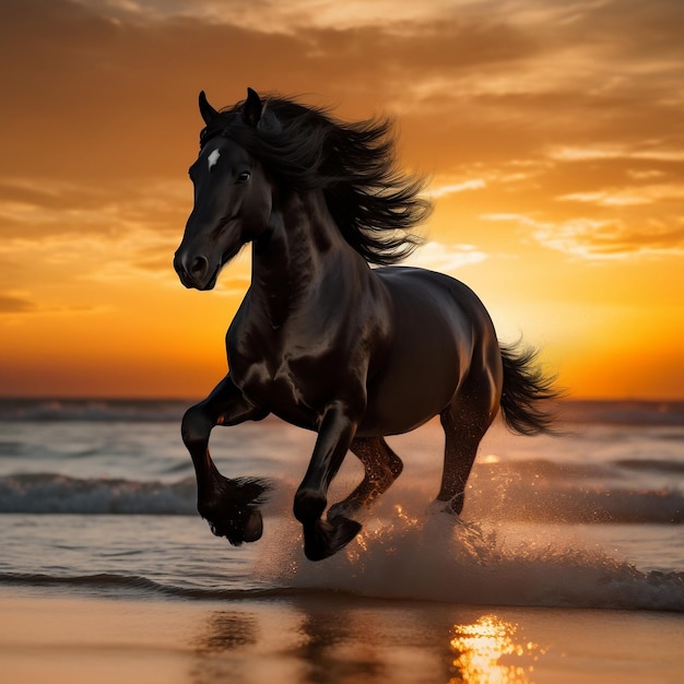 Black stallion horse in sunset running free Generative AI