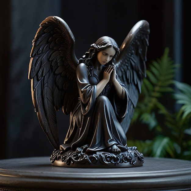 Photo a black statue of an angel with a black body and a silver chain