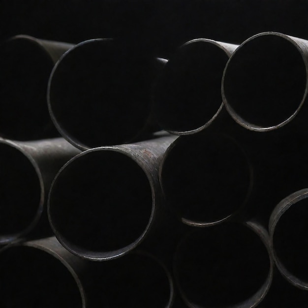 Photo black steel pipes on the stack in the warehouse