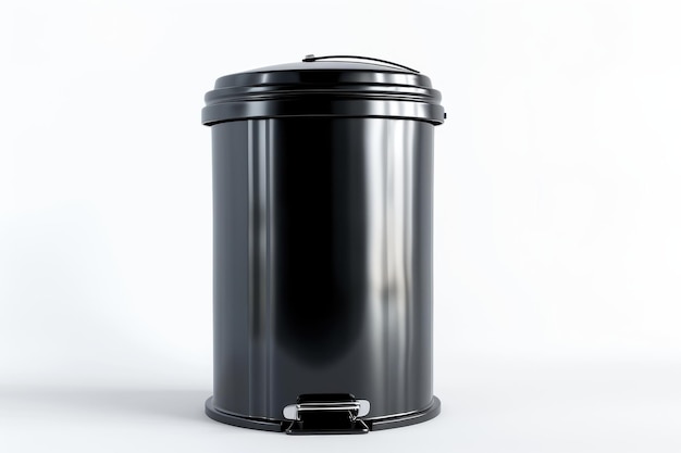 Black Steel Step Trash Can With Chrome Accent on White Background