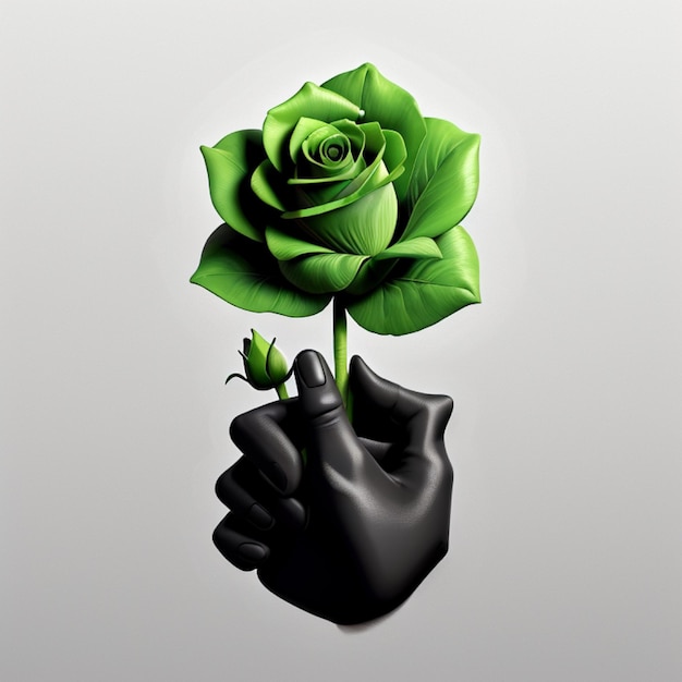 Black stencil detail of hand holding red rose with green leaves on stem