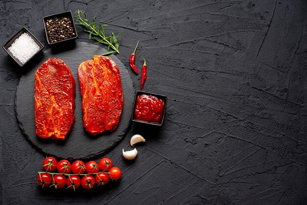 A black stone background with meat and vegetables.