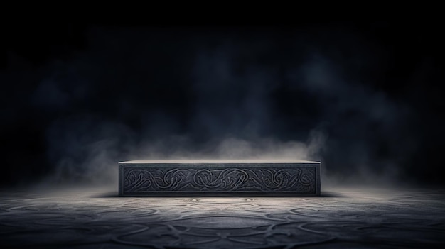 A black stone bench with the word god on it