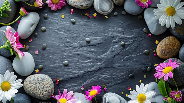 a black stone cake with flowers and rocks on it