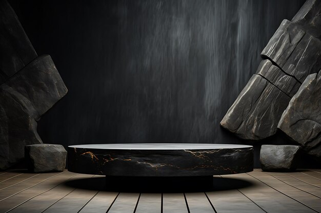 Black stone pedestal on a dark background 3d rendering