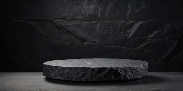 A black stone podium background with a rock wall suitable for product presentation featuring a mockup stage showcase or abstract pedestal display platform in a dark room interior