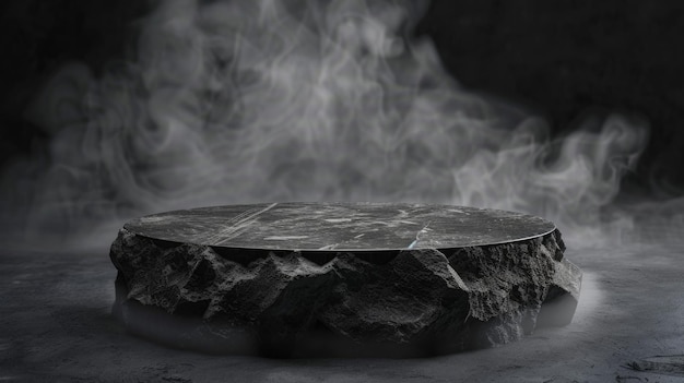 Black stone podium for product presentation with smoke and fog on dark background