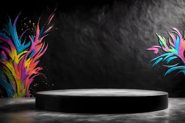 Black stone podium with floral graffiti elements on wall