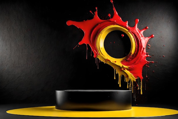 Black stone podium with red and yellow paint twirl