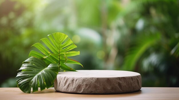 Black stone product podium for product display with green plants around the podium